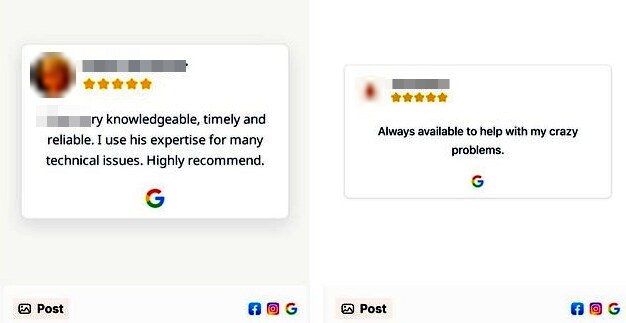 Two verified review cards with reviewer names and avatars privacy-pixelated