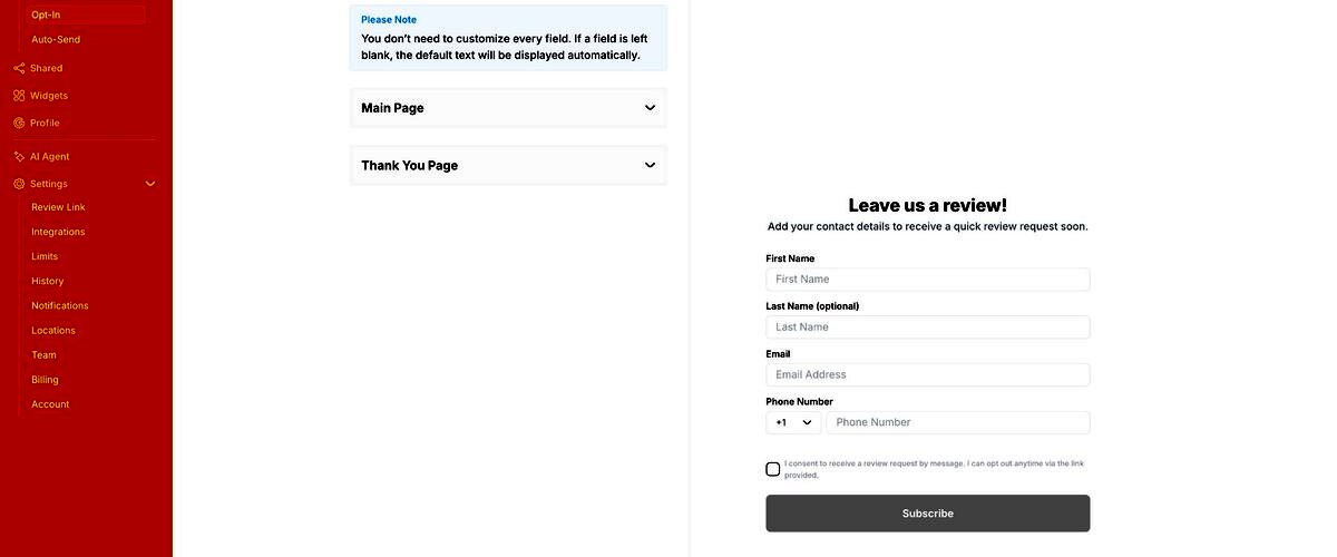 Review request consent control and submission action